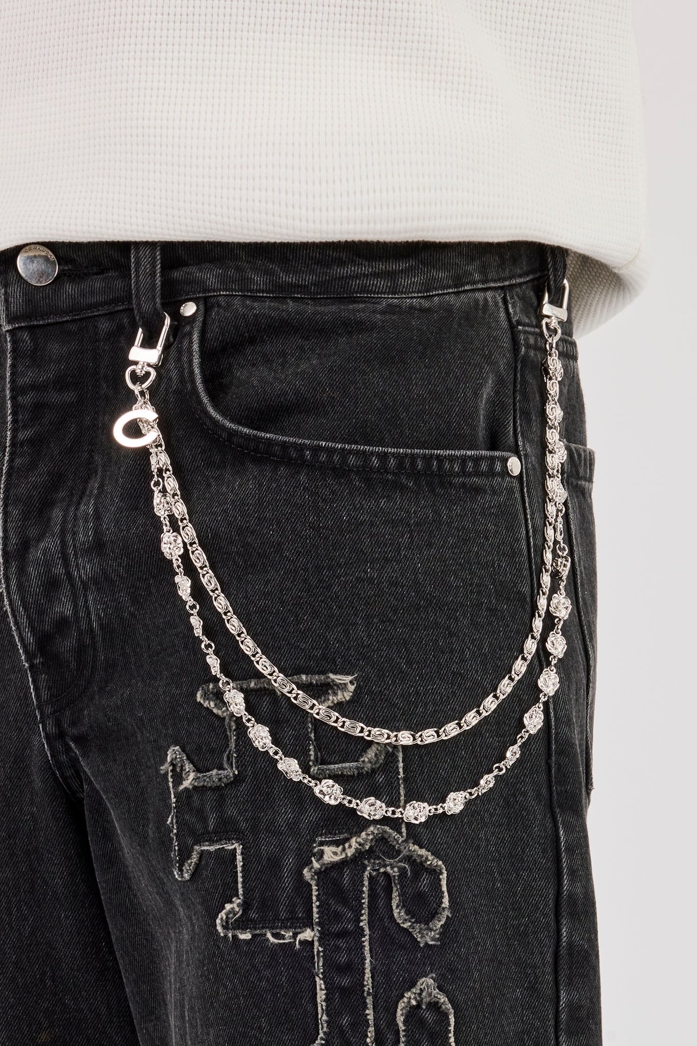 Denim Applique Jort & 10mm C Branded Double Layer Rose Motif Jean Chain - Washed Black